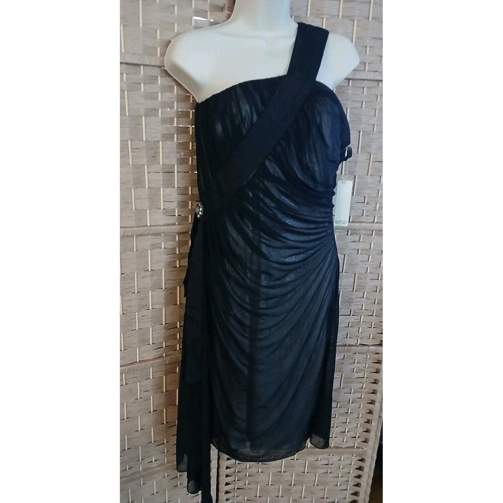 NWT Badgley Mischka Black Mesh Over Silver Asymmetrical Sash Cocktail Dress Sz 6